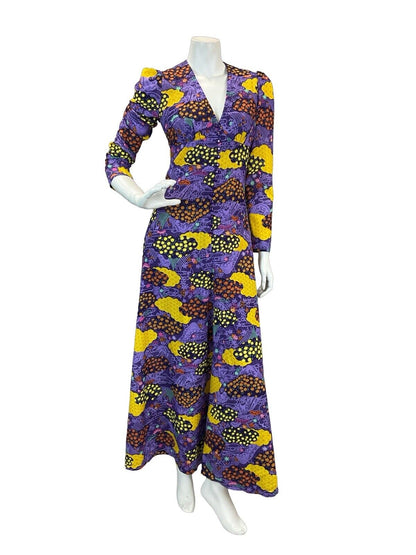 VTG 70S PSYCHEDELIC PURPLE YELLOW BLACK HIPPY GLAM FESTIVAL MAXI DRESS 8 10