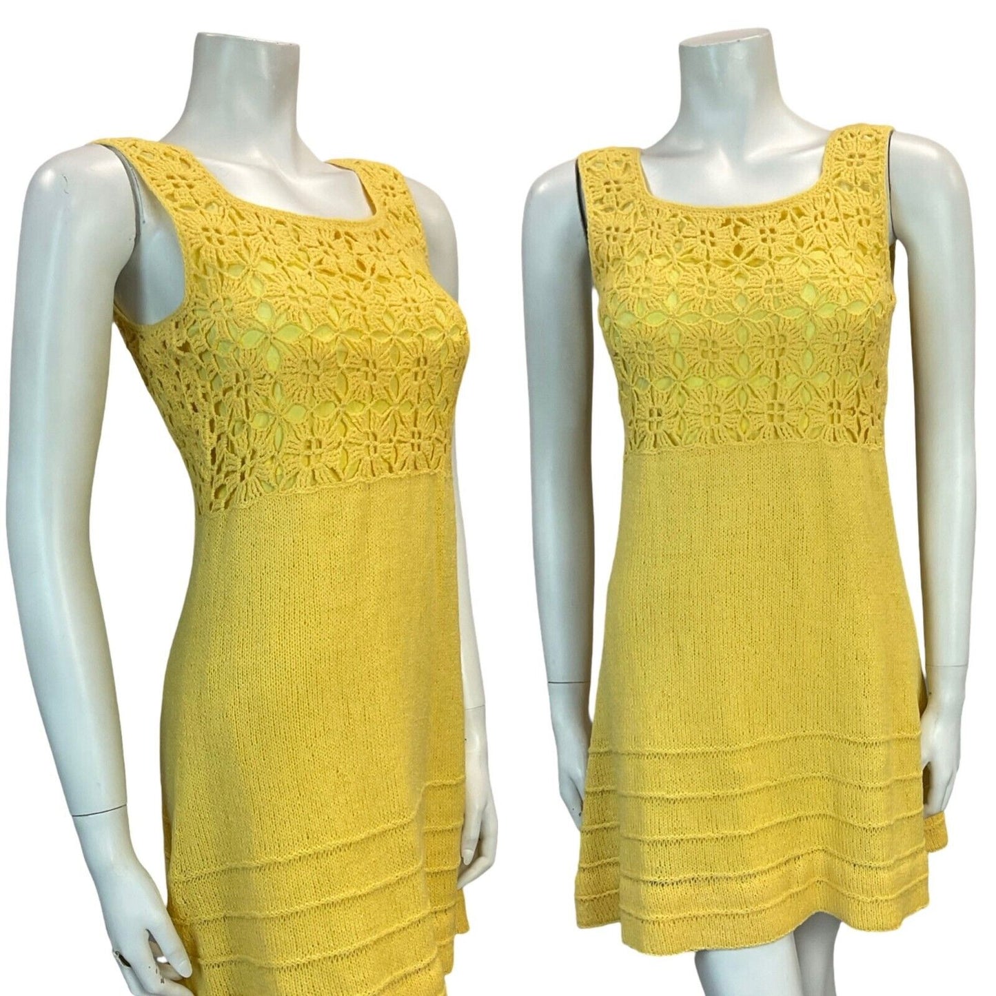 VTG 60S MOD GOGO BEACH HOLIDAY CROCHET MINI SUN DRESS YELLOW 6 8