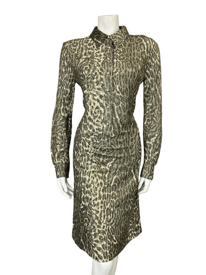 VTG 70S DISCO PARTY LUREX GOLD LEOPARD PRINT LONG SLEEVE MIDI SHIRT DRESS 12