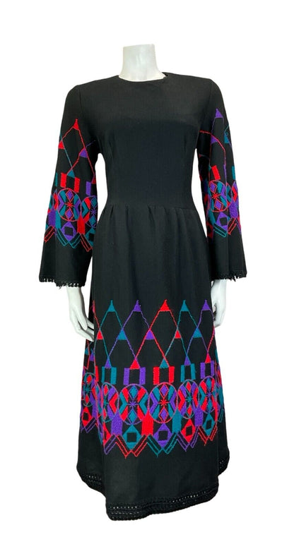 VTG 70S EMBROIDERED WOOL FLARE SLEEVE BLACK PURPLE TEAL RED MIDI DRESS 8 10 S