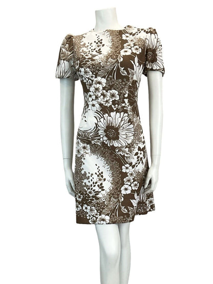 VTG 60S 70S BROWN FLORAL MOD GOGO SCOOTER MINI DRESS 8 10