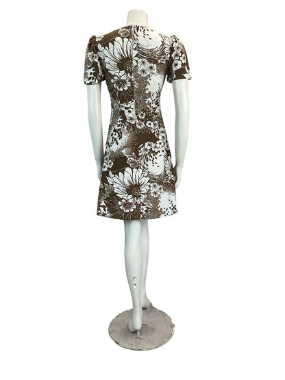 VTG 60S 70S BROWN FLORAL MOD GOGO SCOOTER MINI DRESS 8 10