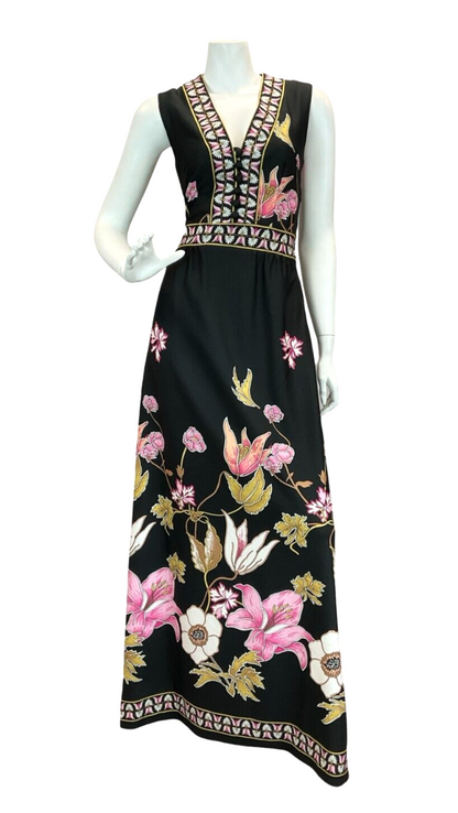 VTG 1970S BLACK PINK WHITE FLORAL WEDDING FORMAL MAXI DRESS 10 12