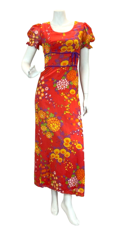 VTG 70S PSYCHEDELIC FLORAL DAISY EMPIRE MAXI DRESS RED ORANGE YELLOW PURPLE 8