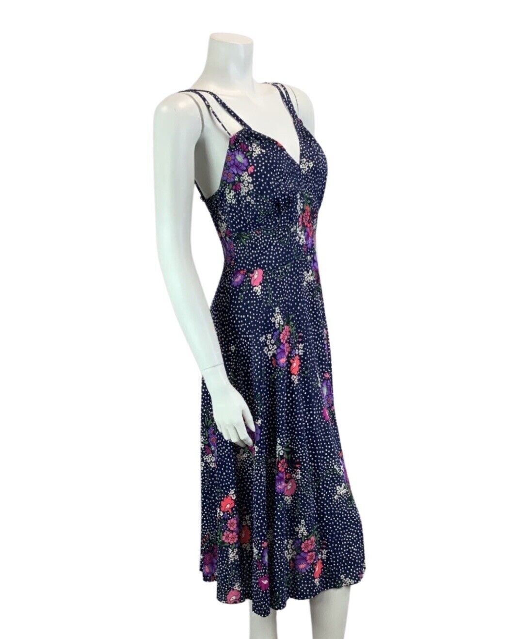 VINTAGE 60s 70s NAVY BLUE WHITE POLKA DOT FLORAL PRINT STRAPPY MAXI DRESS 10