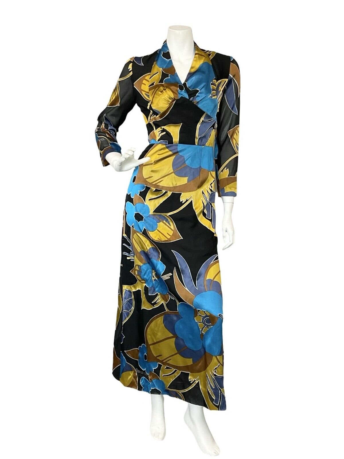 VTG 70S BLACK BLUE YELLOW FLORAL PLUNGING 3/4 SLEEVE EVENNG PARTY MAXI DRESS 4