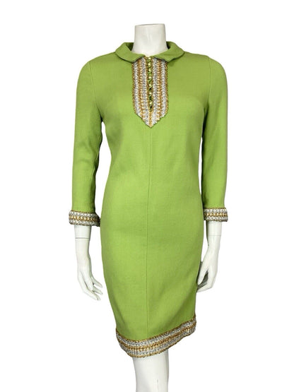 VTG 60S LIME GREEN GOLD SILVER LONG SLEEVE HIPPY BOHO PARTY TUNIC MIDI DRESS 4 6