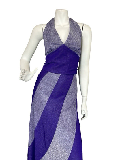 VTG 70S PURPLE LILAC STUDIO 54 TWIST & FLARE DISCO HALTER NECK MAXI DRESS S 8 10