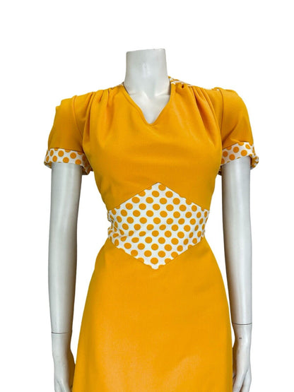 VTG 60S MINI MOD YELLOW WHITE POLKA DOT TIE WAIST SHORT SLEEVE MINI DRESS 12 14