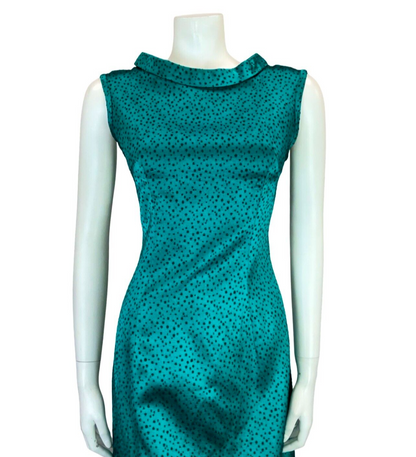 VTG 60S TEAL BLUE BLACK DOTTY SHINY TIE NECK SLEEVELESS OCCASION DRESS 12