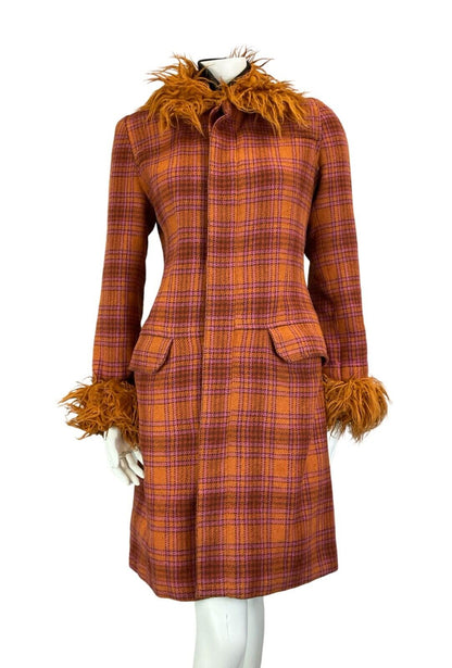 VTG 60S MOD PINK ORANGE FAUX FUR CHECKED TARTAN COAT SIZE 10 12