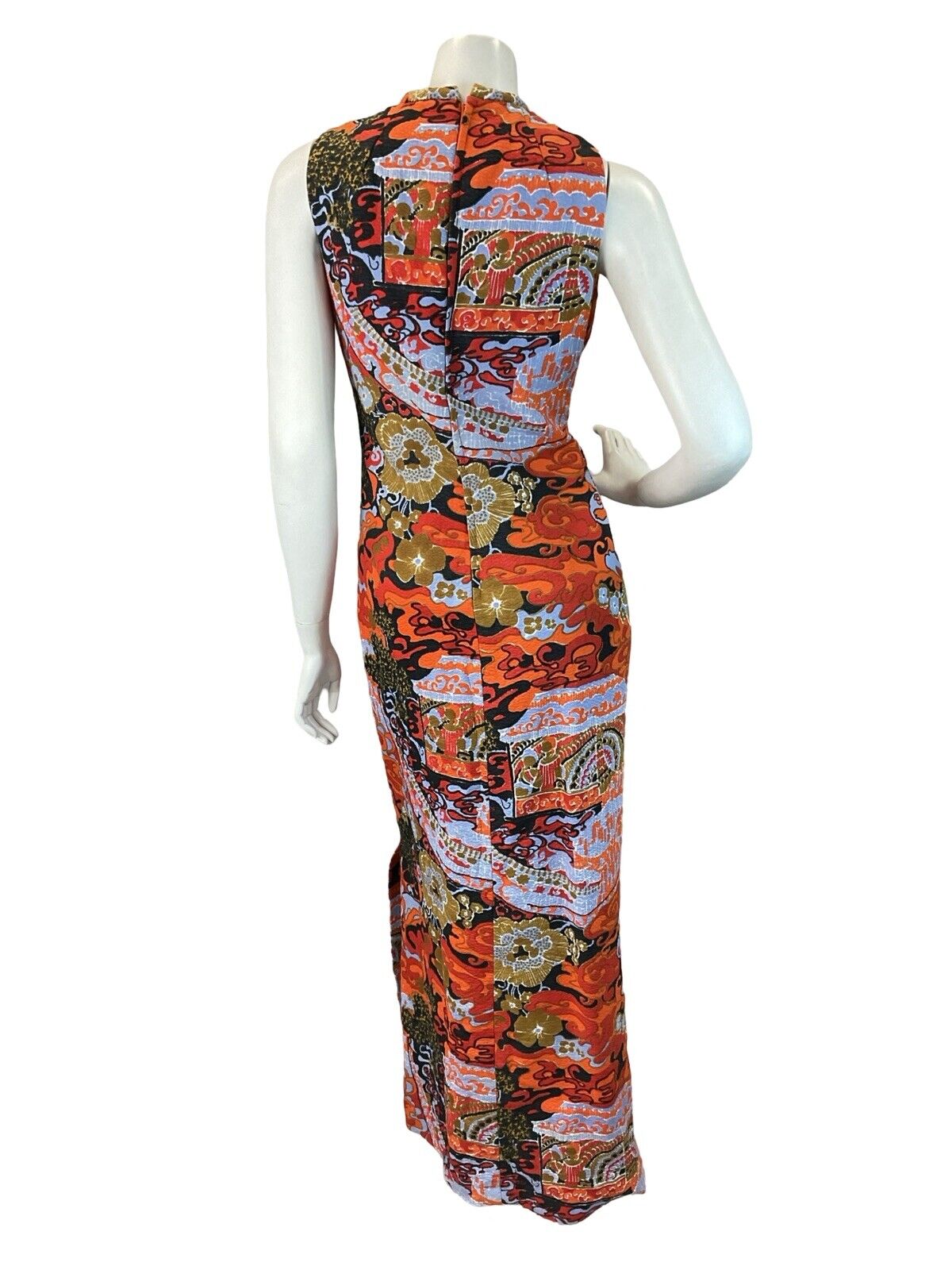 VTG 60S 70S BLUE BLACK ORANGE MULTICOLOUR TRIPPY PATTERN MAXI DRESS 8 10