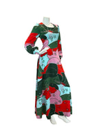 VTG 70S GLAM ABSTRACT FLORAL PARTY MAXI DRESS GREEN BLUE PINK RED 12 14 16