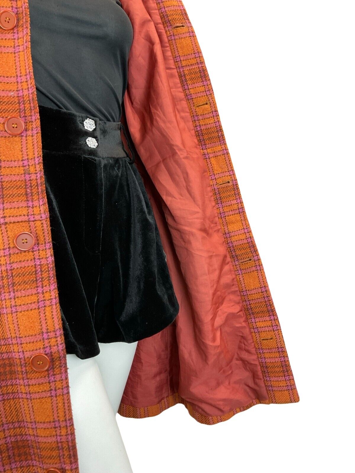 VTG 60S MOD PINK ORANGE FAUX FUR CHECKED TARTAN COAT SIZE 10 12