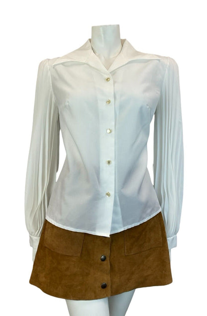 VTG WHITE PLEATED SLEEVE WINGED JOHNNY COLLAR BLOUSE TOP SIZE 14 16