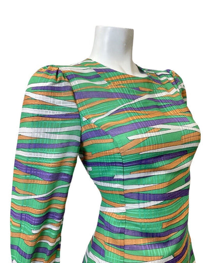 VINTAGE 60s 90s GREEN PURPLE ORANGE STRIPED LONGSLEEVE MOD MINI DRESS 8 10