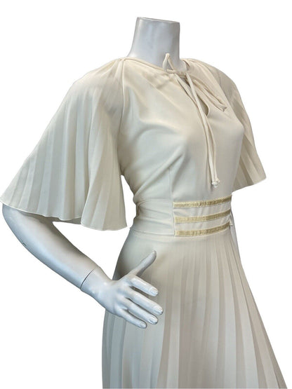 VTG 70s CREAM BOHO WEDDING BRIDAL ANGEL SLEEVE PLEATED MAXI DRESS 14 16