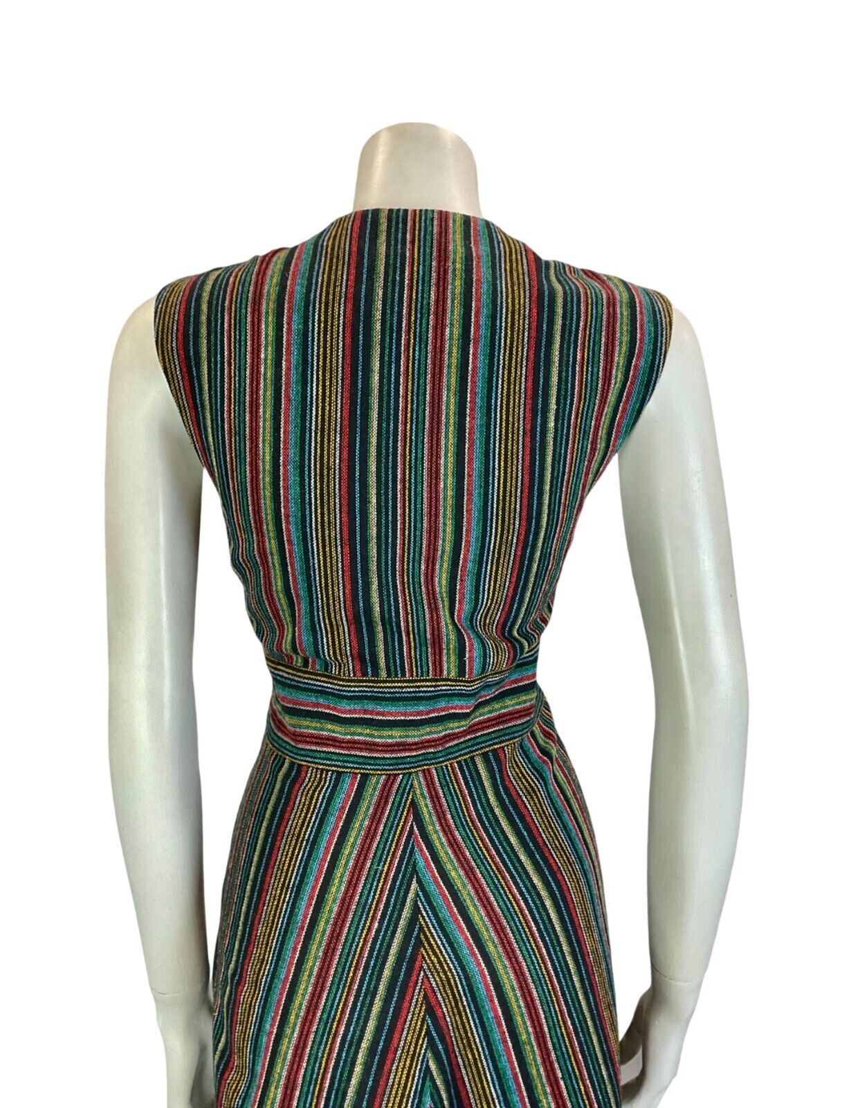 VTG 70S SWEDISH FOLK BLACK BLUE RED GREEN STRIPED TUNIC MIDI LACE UP DRESS 10