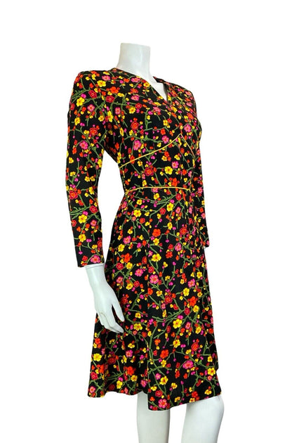 VTG 70S PSYCHDELIC CHERRY BLOSSOM BLACK YELLOW PIINK V NECK LONG SLEEVE DRESS 10