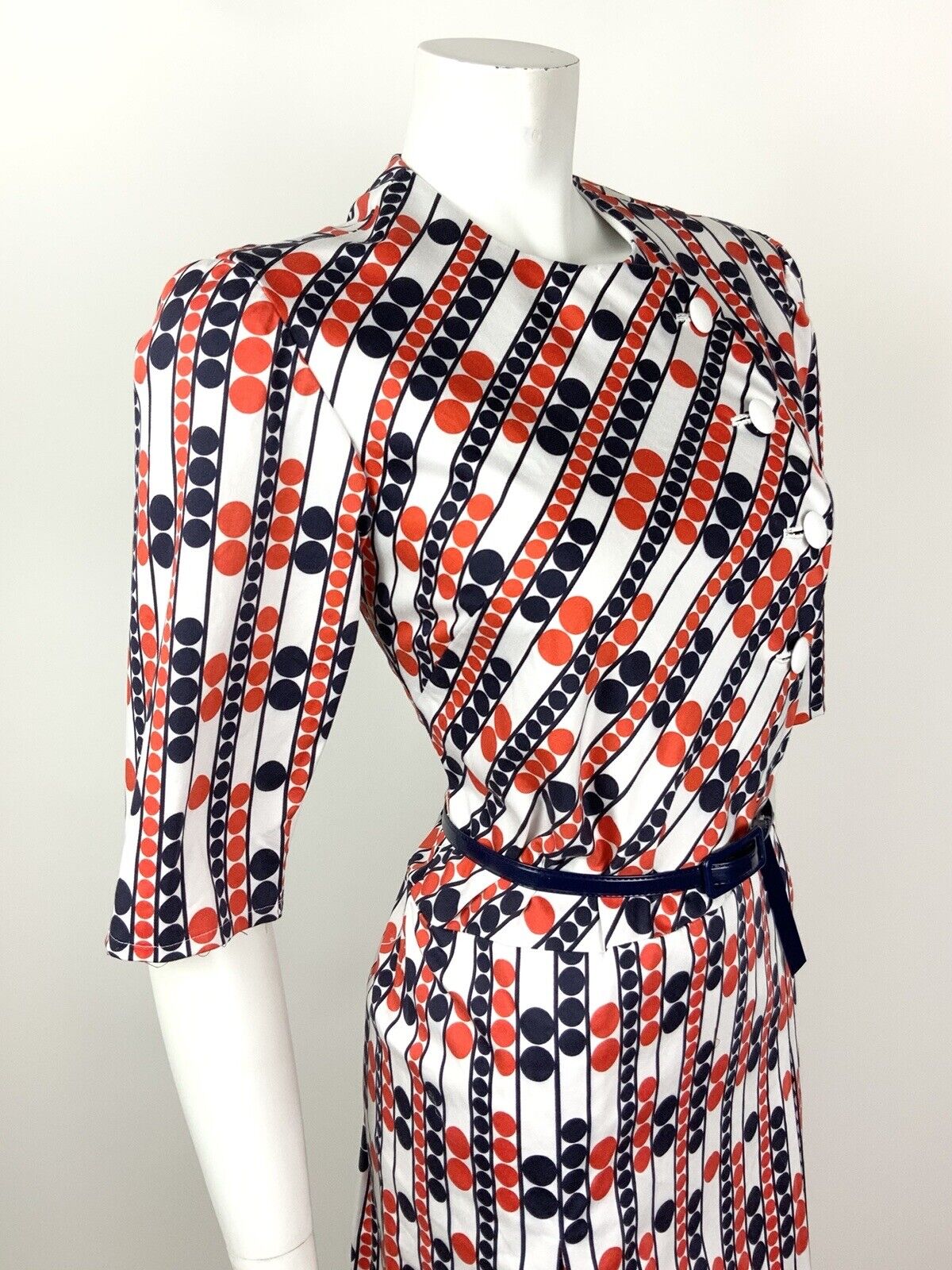 VINTAGE 60s 70s WHITE BLUE RED DOTTY STRIPED BELTED MOD DRESS 10 12