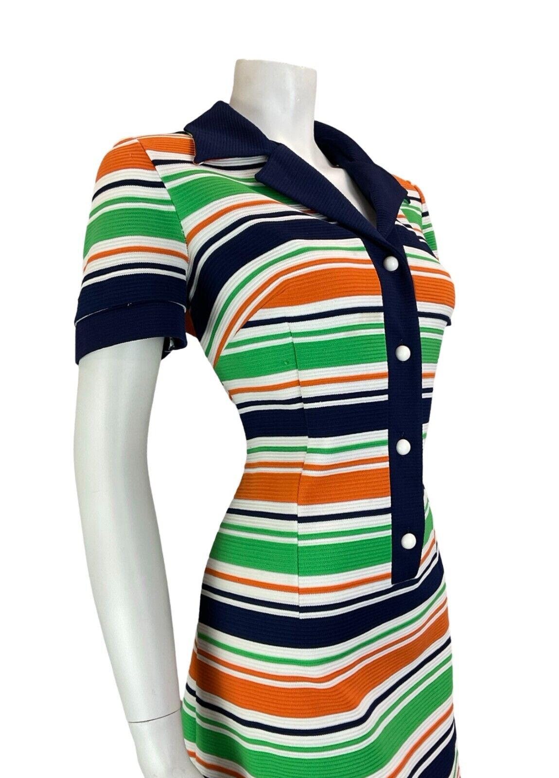 VTG 60S 70S STRIPED NAVY BLUE WHITE ORANGE GREEN JOHHNY COLLAR SHIRT DRESS 14 16