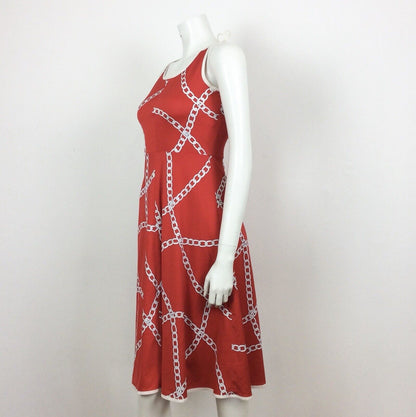 60S 70s VINTAGE RED WHITE CHAIN PATTERN FLOATY DRESS 4 6