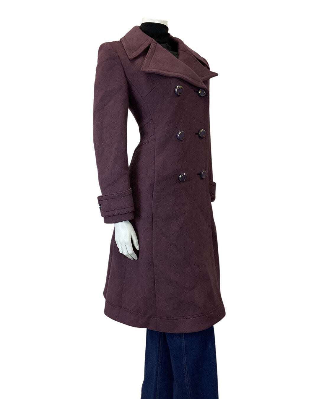 VINTAGE 60s 70s PLUM PURPLE DOUBLE-BREASTED MOD WOOL PRINCESS COAT 10 12