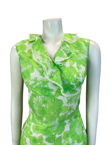 VTG 60S 70S FLORAL WRAP RUFFLE MOD MINI DRESS GREEN WHITE 10