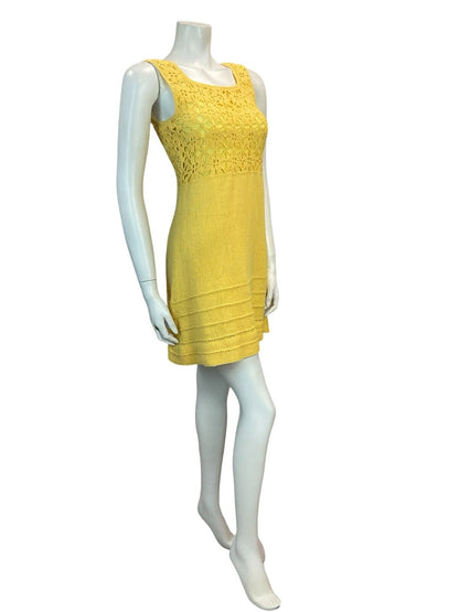 VTG 60S MOD GOGO BEACH HOLIDAY CROCHET MINI SUN DRESS YELLOW 6 8