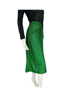 VTG 70S EMERALD GREEN GLITTERY LUREX MIDI SKIRT WITH SLIT SIZE 14