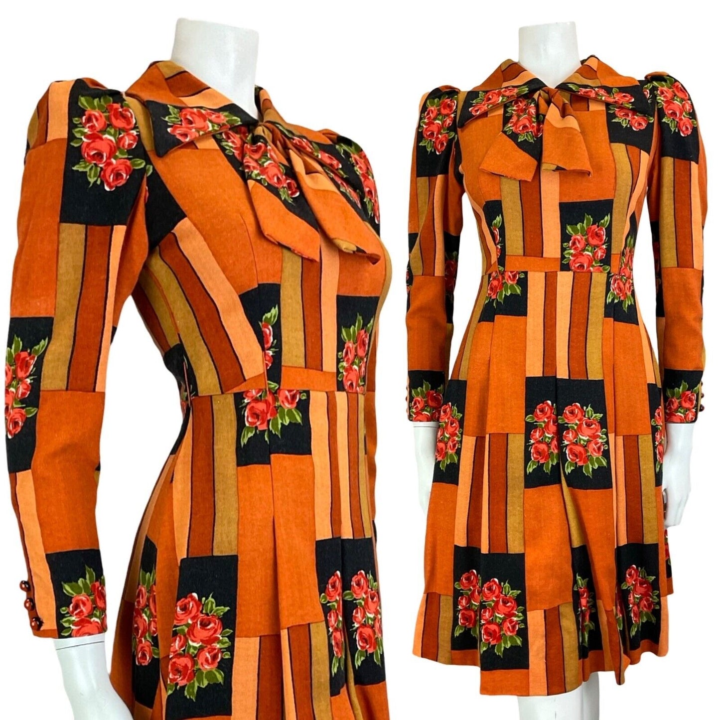 VTG 60S 70S WING COLLAR TIE ORANGE BLACK LONG SLEEVE PLEATED FLORAL MIDI DRESS 4