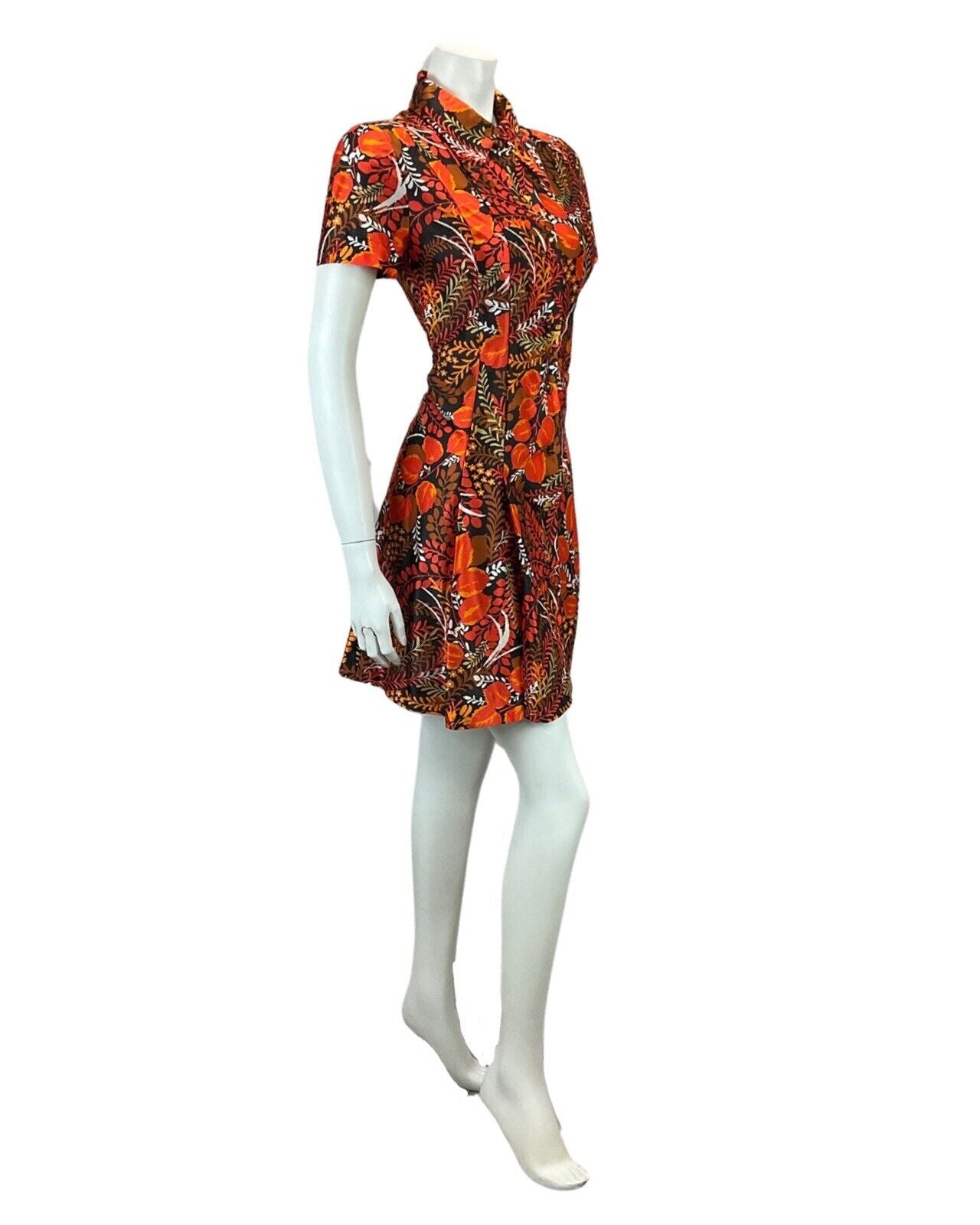 VINTAGE 60s 70s BLACK ORANGE RED FLORAL LEAF PRINT BOHO MOD MINI DRESS 12