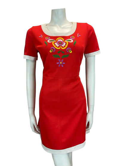 VTG 60S 70S RED EMBROIDERED FLORAL MINI DRESS MOD GOGO SCOOTER 12 14