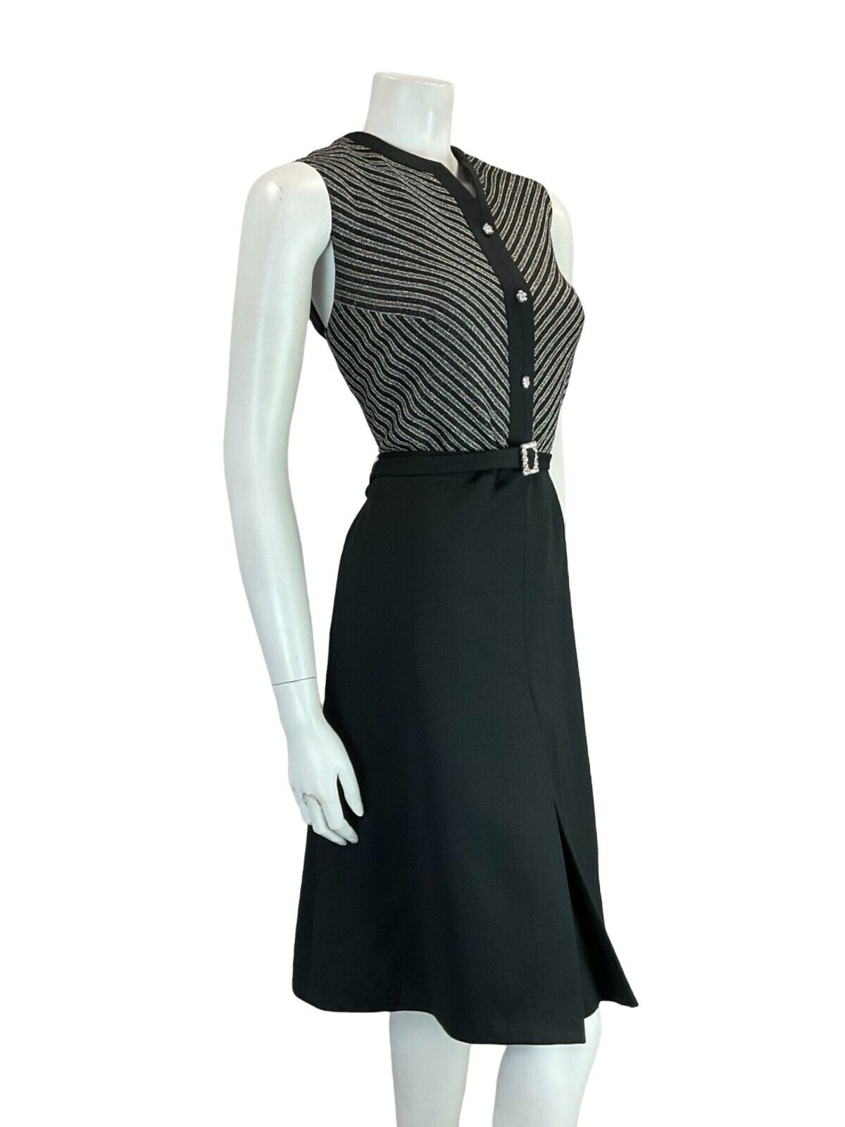 VTG 60S BLACK SILVER STRIPED DIAMANTE PARTY DAISY BUTTON SLEEVELESS DRESS 10 12