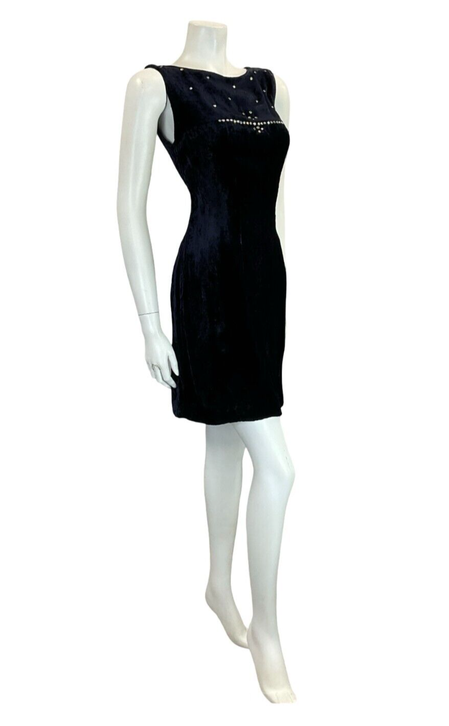 *needs close upVTG 60S NAVY BLUE HANDMADE VELVET DIAMANTE BOAT NECK MINI DRESS 8