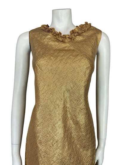 VTG 60S MOD GOLD ZIG ZAG RUFFLE NECK SLEEVELESS MINI SHIFT PARTY DRESS 10