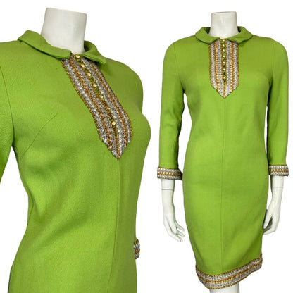 VTG 60S LIME GREEN GOLD SILVER LONG SLEEVE HIPPY BOHO PARTY TUNIC MIDI DRESS 4 6