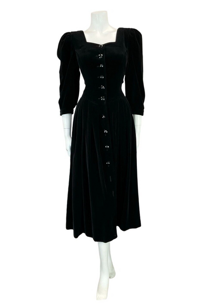 VTG 70S BLACK VELVET BUTTON DOWN MUTTON SLEEVE SWEETHEART NECKLINE MIDI DRESS 10