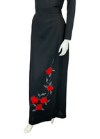 VTG 70S RED VELVET SILVER EMBROIDERY FLORAL APPLIQUE BLACK MAXI SKIRT SIZE 8