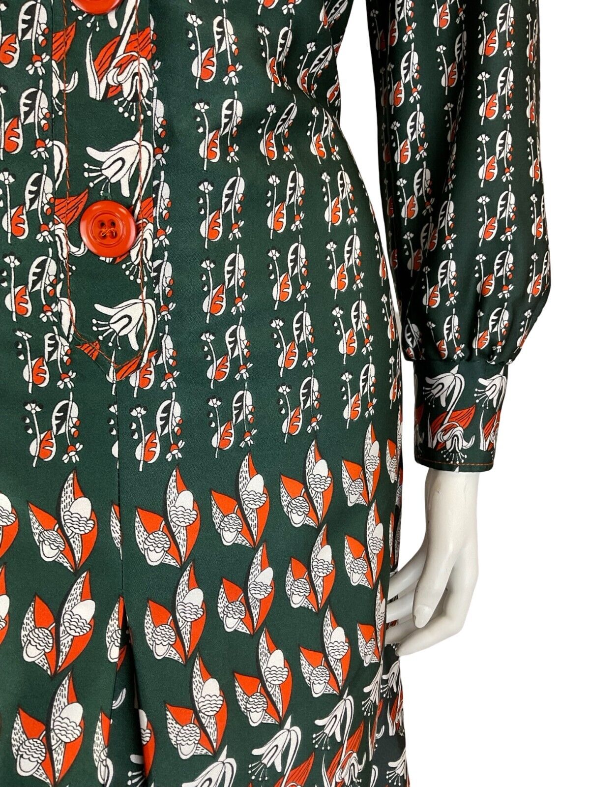 VTG 70S ART NOUVEAU ACORN GREEN ORANGE WHITE FLORAL SHIRT DRESS SIZE 12 14