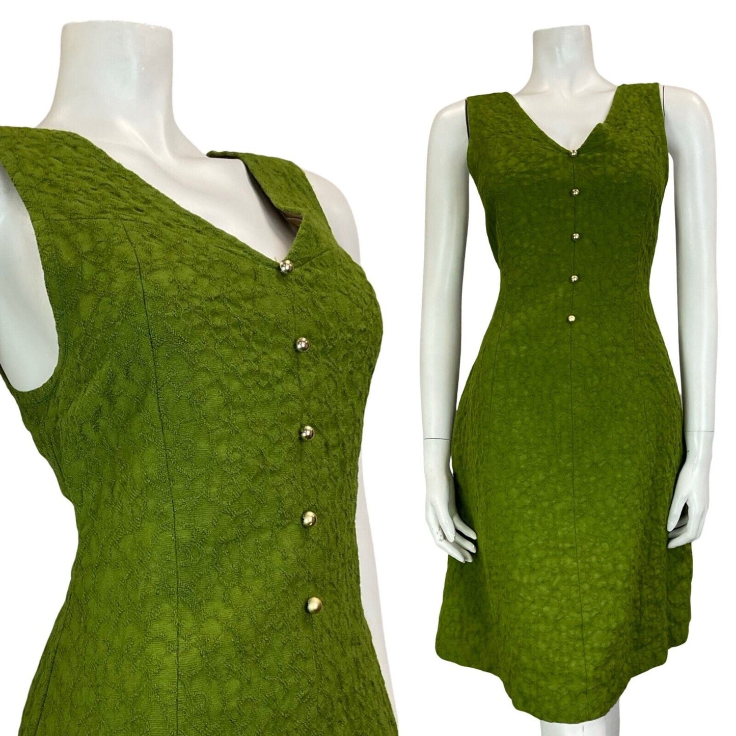 VTG 60S 70S GREEN GOLD BUTTON SLEEVELESS V NECK TEXTURED MIDI DRESS SIZE 6 8