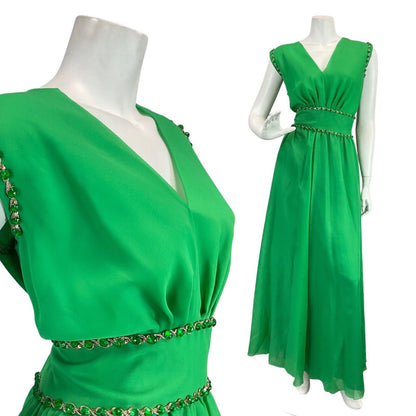 VINTAGE 60s 70s APPLE GREEN BEADED SEQUIN SLEEVELESS GOWN MAXI DRESS 12 14