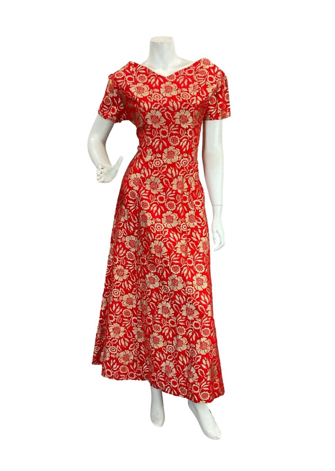 VTG 60S FOMR FITTING RED GOLD FLORAL EVENING PARTY SHORT SLEEVE MAXI DRESS 12