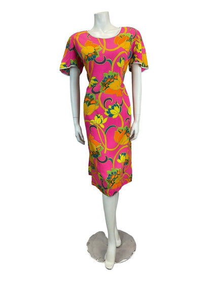 VTG 60S 70S VIVID PSYCHEDELIC FLORAL SHIFT MIDI DRESS 12 14 16 18 20