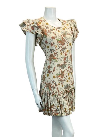 VTG 70S DANDELION FLORAL PRINT BROWN ORANGE GREEN RUFFLE MINI DRESS 10