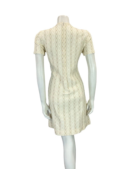 VTG 60S MOD WOOL KNITTED TEXTURE CREAM GOLD SHORT SLEEVE MINI DRESS 11