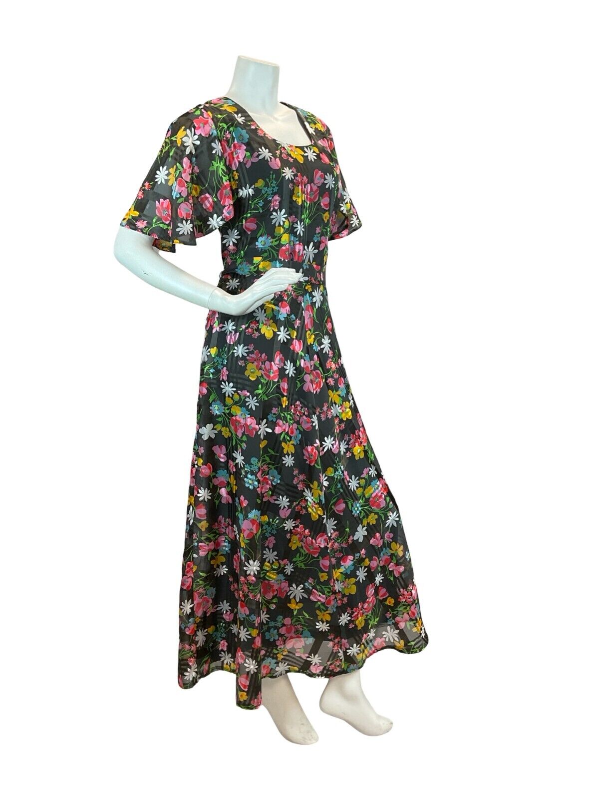 VTG 70S FLORAL DAISY BLACK PINK YELLOW BLUE FLUTTER SLEEVE BELTED MAXI DRESS 12