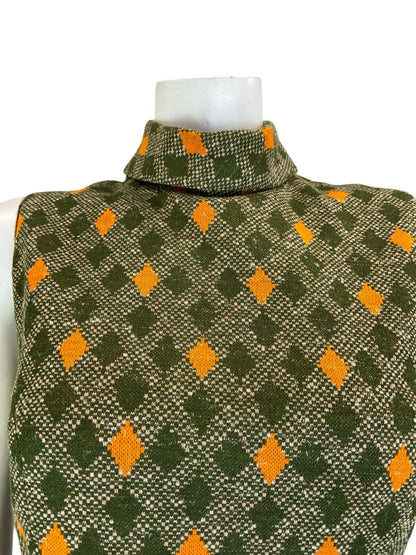 VTG 60S 70S DARK GREEN ORANGE DIAMOND CHECKED SLEEVELESS MIDI DRESS SIZE S 8 10