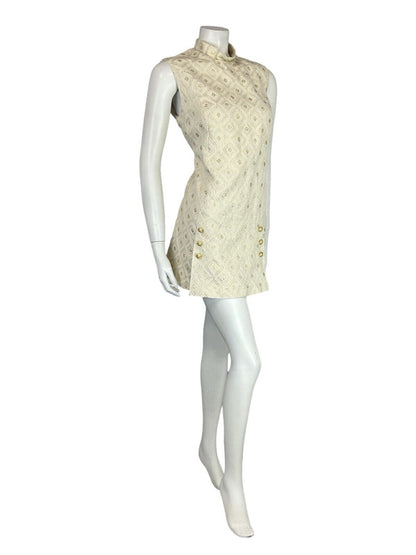 VTG 60S MOD GOLD CREAM FUNNEL NECK DIAMOND GEOMETRIC TUNIC PARTY DRESS M 12 14