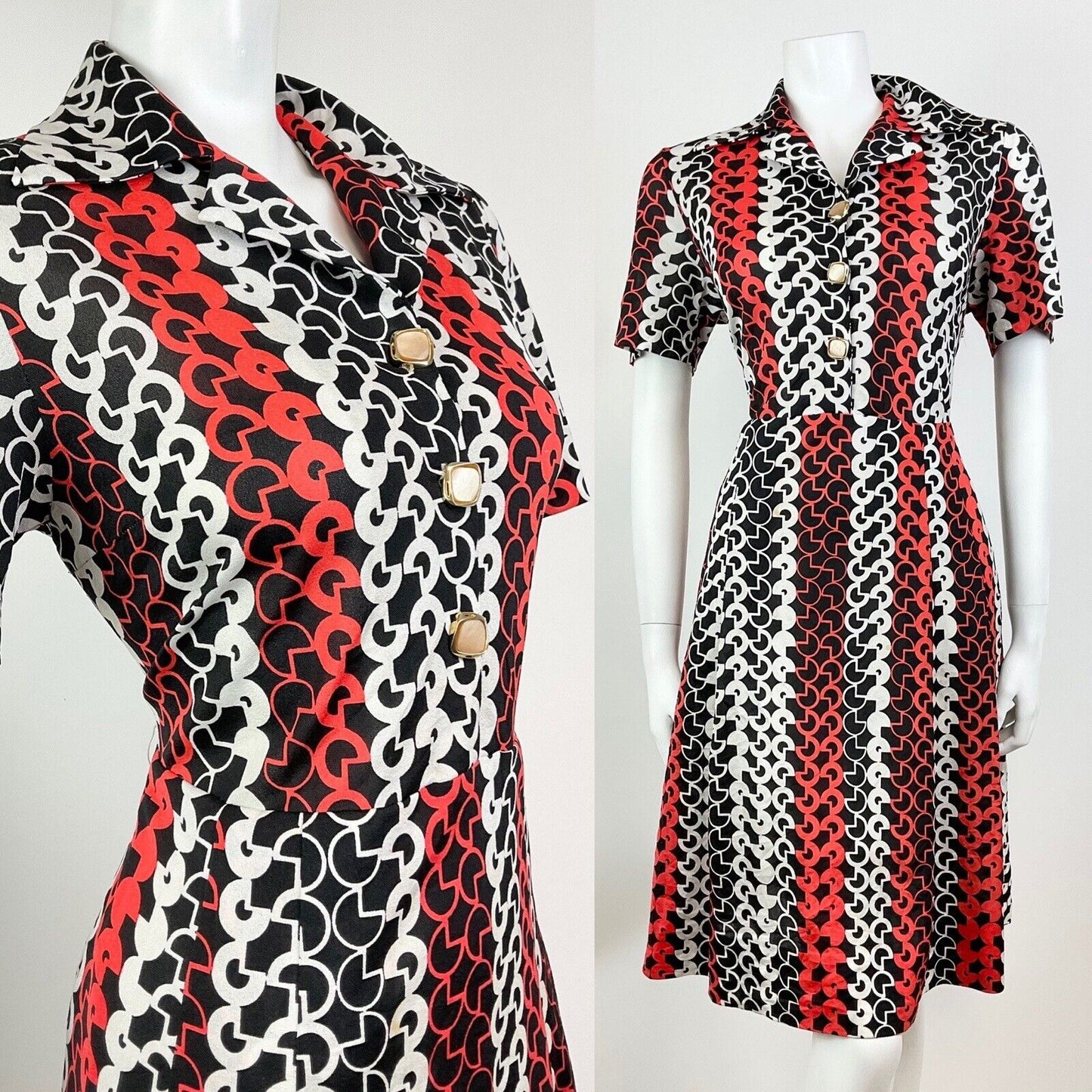 VTG 60s 70s BLACK RED WHITE GEOMETRIC PSYCHEDELIC MOD SHIRT DRESS 14 16